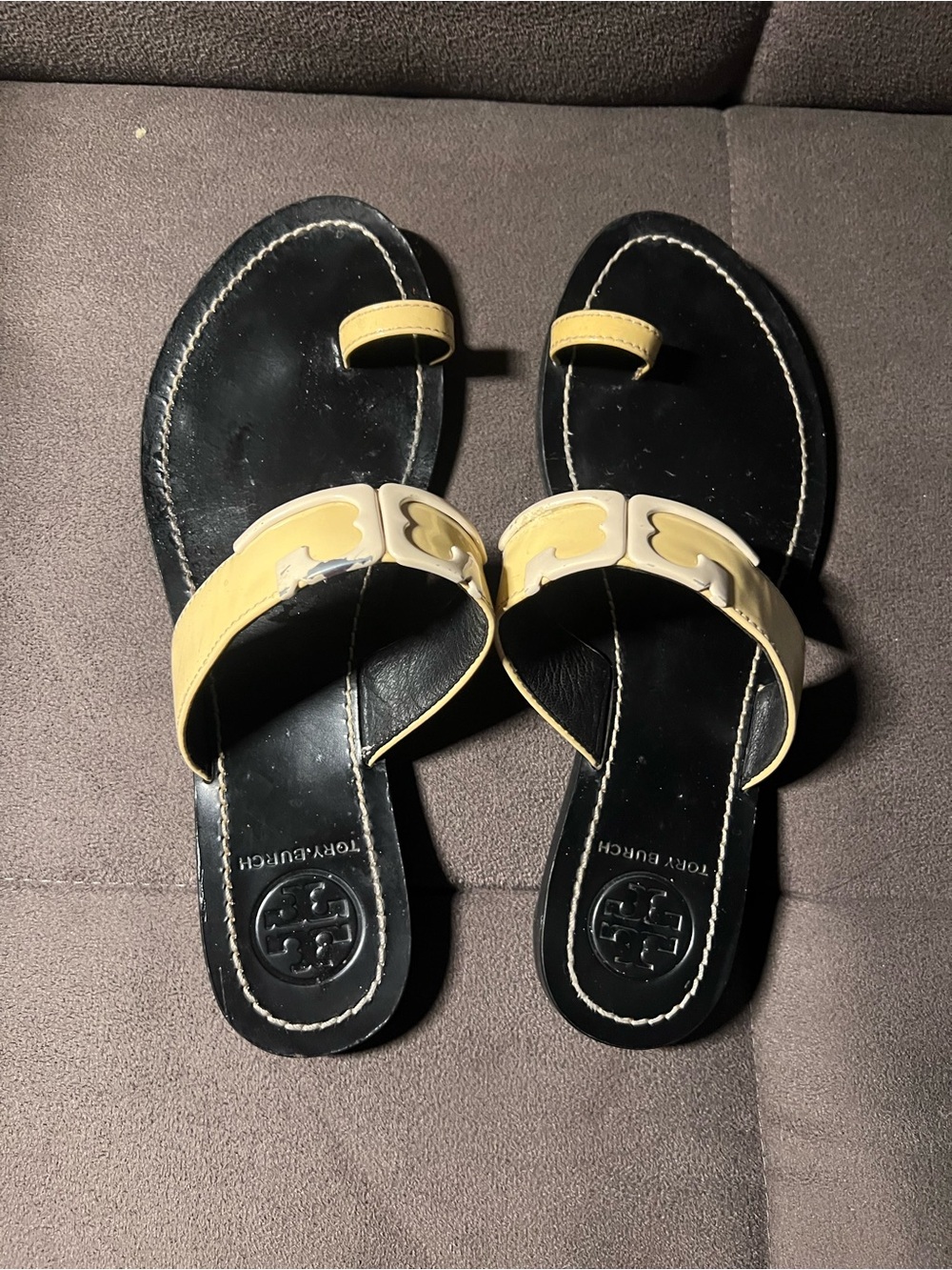 Tory Burch Black Leather Slides with Yellow Accents 8M